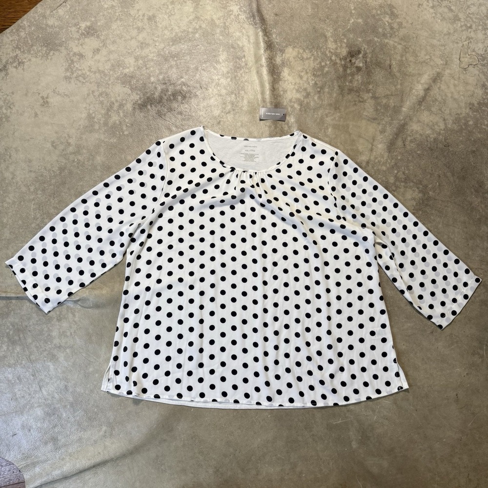 Van Heusen Top Womens Size XXL White Black Polka Dots 3/4 Sleeve Blouse